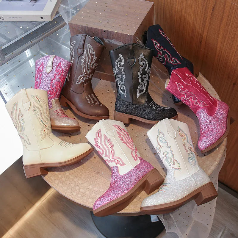 Girls' PU Leather Western Embroidered Glitter Side-Zip Mid-Calf Round Toe Cowgirl Boots - CB075