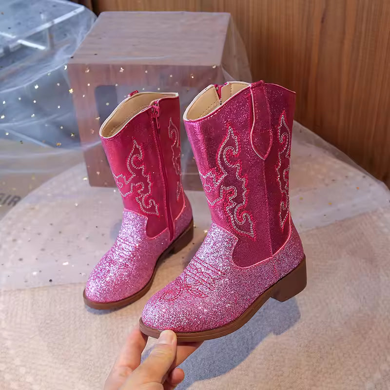 Girls' PU Leather Western Embroidered Glitter Side-Zip Mid-Calf Round Toe Cowgirl Boots - CB075