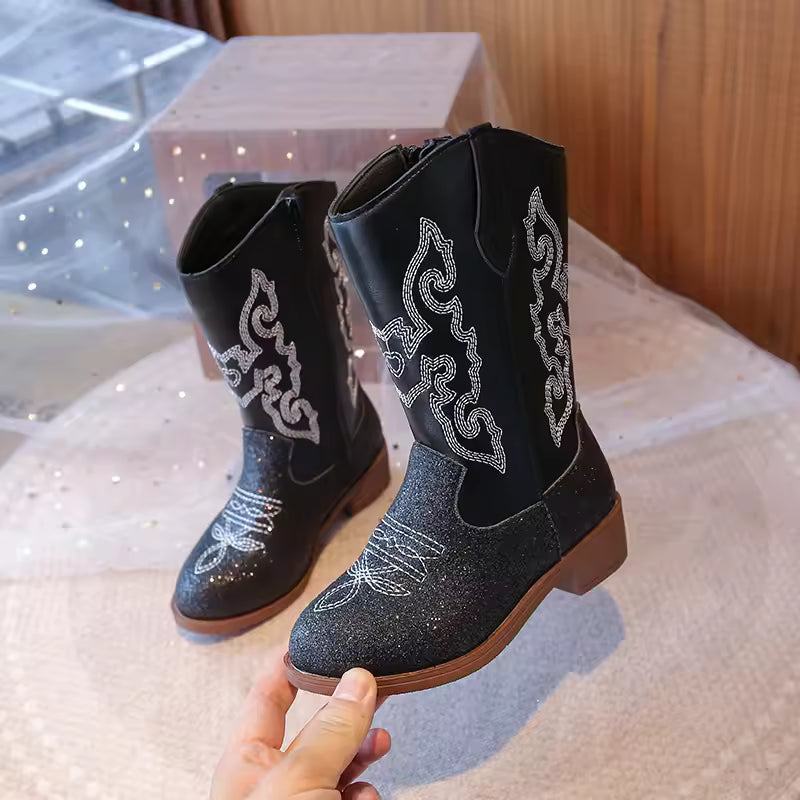 Girls' PU Leather Western Embroidered Glitter Side-Zip Mid-Calf Round Toe Cowgirl Boots - CB075