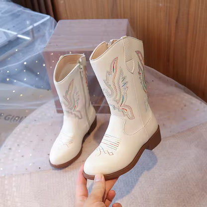 Girls' PU Leather Western Embroidered Glitter Side-Zip Mid-Calf Round Toe Cowgirl Boots - CB075