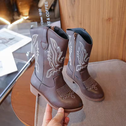 Girls' PU Leather Western Embroidered Glitter Side-Zip Mid-Calf Round Toe Cowgirl Boots - CB075