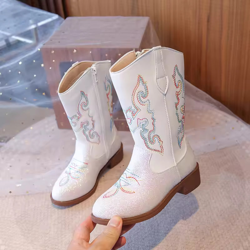 Girls' PU Leather Western Embroidered Glitter Side-Zip Mid-Calf Round Toe Cowgirl Boots - CB075