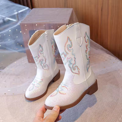 Girls' PU Leather Western Embroidered Glitter Side-Zip Mid-Calf Round Toe Cowgirl Boots - CB075
