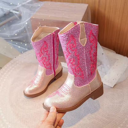 Girls' PU Leather Western Embroidered Glitter Side-Zip Mid-Calf Round Toe Cowgirl Boots - CB075