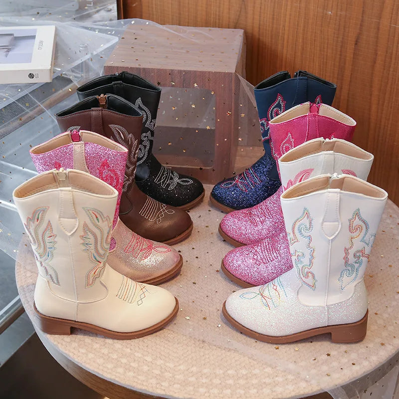 Girls' PU Leather Western Embroidered Glitter Side-Zip Mid-Calf Round Toe Cowgirl Boots - CB075