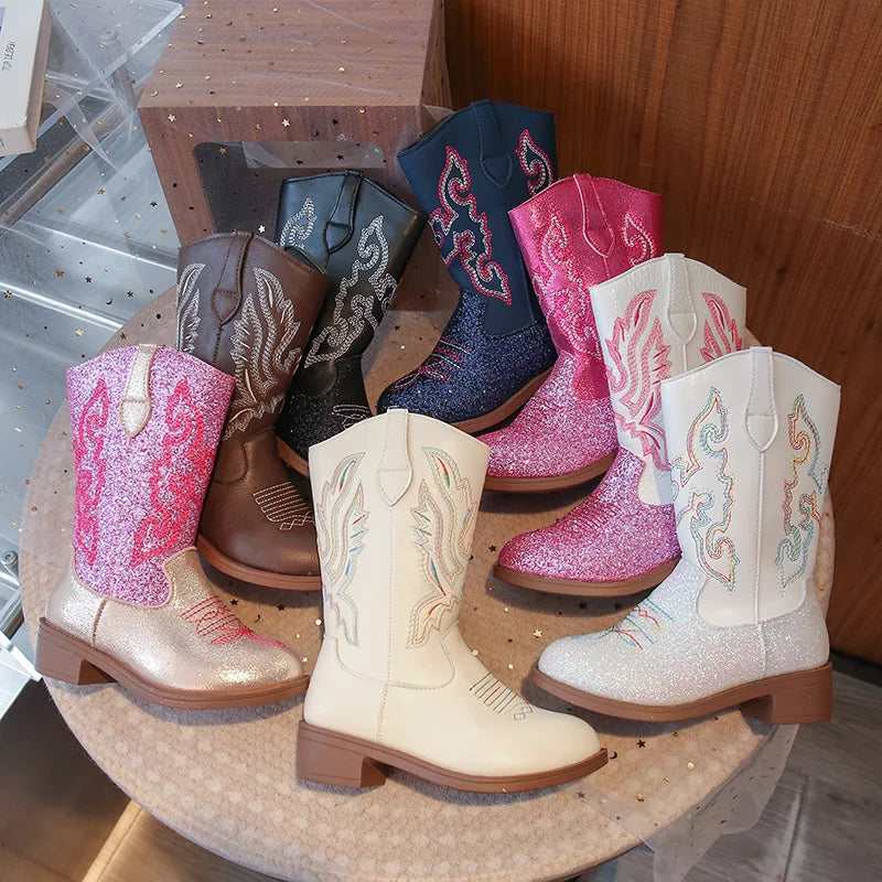 Girls' PU Leather Western Embroidered Glitter Side-Zip Mid-Calf Round Toe Cowgirl Boots - CB075