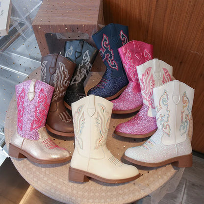 Girls' PU Leather Western Embroidered Glitter Side-Zip Mid-Calf Round Toe Cowgirl Boots - CB075