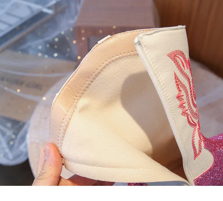 Girls' PU Leather Western Embroidered Glitter Side-Zip Mid-Calf Round Toe Cowgirl Boots - CB075