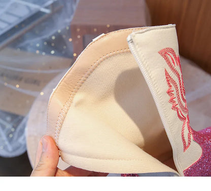 Girls' PU Leather Western Embroidered Glitter Side-Zip Mid-Calf Round Toe Cowgirl Boots - CB075