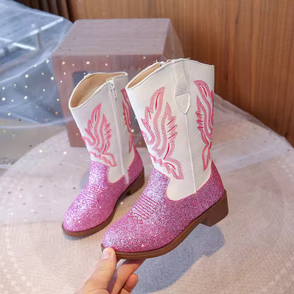 Girls' PU Leather Western Embroidered Glitter Side-Zip Mid-Calf Round Toe Cowgirl Boots - CB075