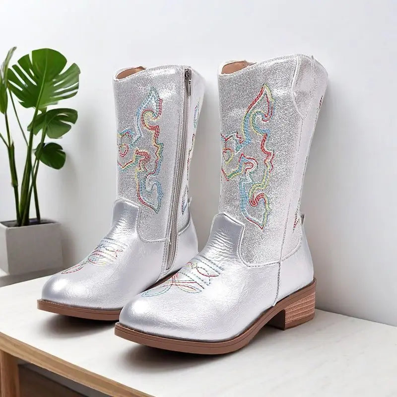 Girls' PU Leather Western Embroidered Metallic Side-Zip Mid-Calf Pointed Toe Low Heel Cowgirl Boots - CB077