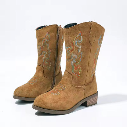 Girls' PU Leather Western Embroidered Metallic Side-Zip Mid-Calf Pointed Toe Low Heel Cowgirl Boots - CB077