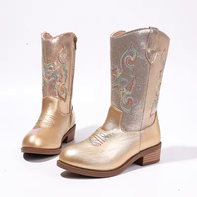 Girls' PU Leather Western Embroidered Metallic Side-Zip Mid-Calf Pointed Toe Low Heel Cowgirl Boots - CB077