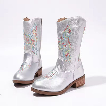 Girls' PU Leather Western Embroidered Metallic Side-Zip Mid-Calf Pointed Toe Low Heel Cowgirl Boots - CB077