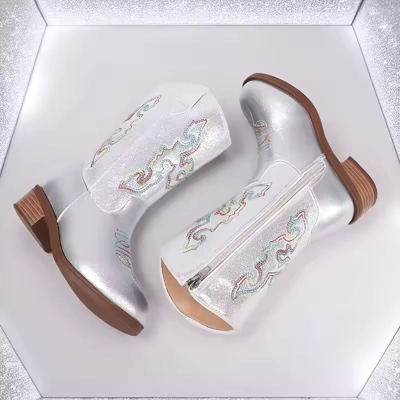 Girls' PU Leather Western Embroidered Metallic Side-Zip Mid-Calf Pointed Toe Low Heel Cowgirl Boots - CB077