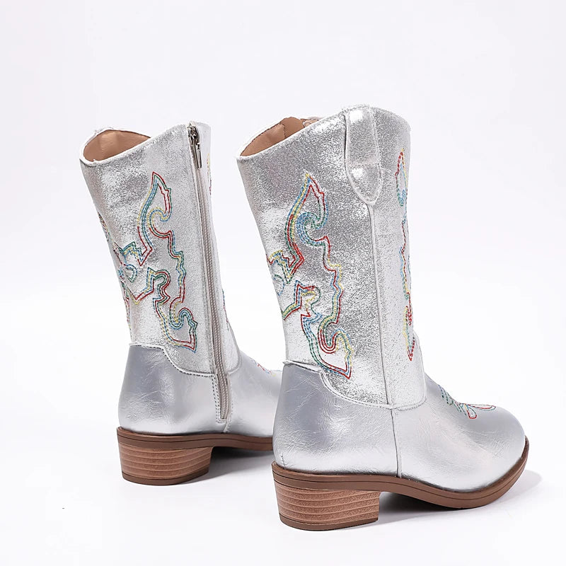 Girls' PU Leather Western Embroidered Metallic Side-Zip Mid-Calf Pointed Toe Low Heel Cowgirl Boots - CB077