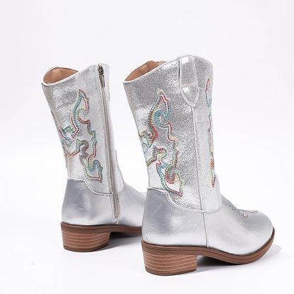 Girls' PU Leather Western Embroidered Metallic Side-Zip Mid-Calf Pointed Toe Low Heel Cowgirl Boots - CB077