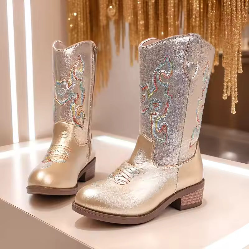 Girls' PU Leather Western Embroidered Metallic Side-Zip Mid-Calf Pointed Toe Low Heel Cowgirl Boots - CB077