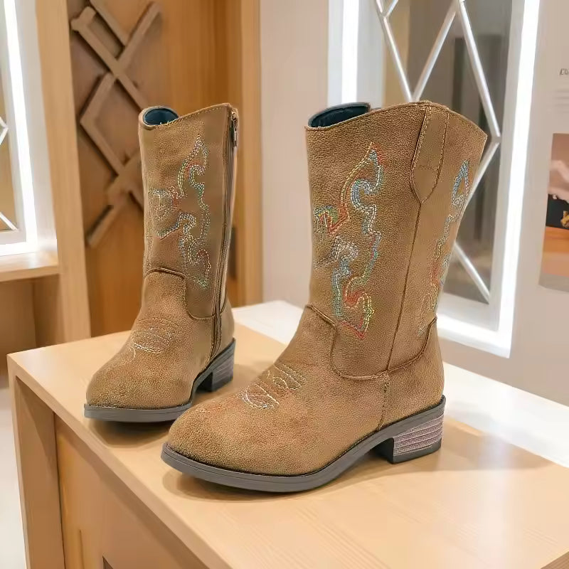 Girls' PU Leather Western Embroidered Metallic Side-Zip Mid-Calf Pointed Toe Low Heel Cowgirl Boots - CB077
