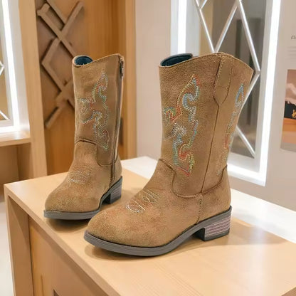 Girls' PU Leather Western Embroidered Metallic Side-Zip Mid-Calf Pointed Toe Low Heel Cowgirl Boots - CB077