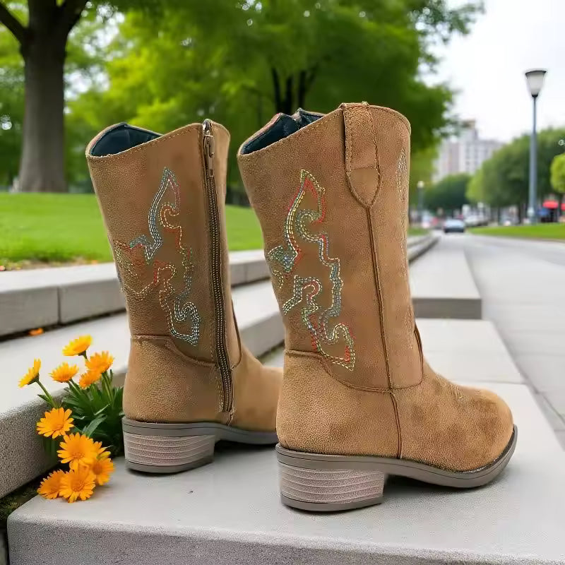 Girls' PU Leather Western Embroidered Metallic Side-Zip Mid-Calf Pointed Toe Low Heel Cowgirl Boots - CB077