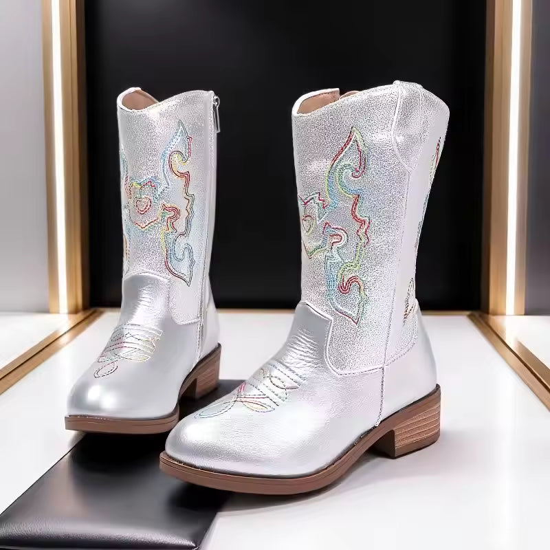 Girls' PU Leather Western Embroidered Metallic Side-Zip Mid-Calf Pointed Toe Low Heel Cowgirl Boots - CB077