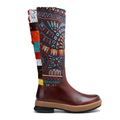 Koznoy Women's Sheepskin Leather Side-Zip Knee-High Round Toe Block Heel Cowgirl Boots - CB056