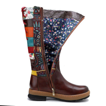 Koznoy Women's Sheepskin Leather Side-Zip Knee-High Round Toe Block Heel Cowgirl Boots - CB056