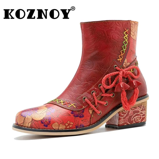 Koznoy 5.3cm Cowboy Boots Sheepskin Leather Zip Big Size Autumn Spring Women Retro Ankle Chunky Heels British Style Ethnic Shoes - CB054