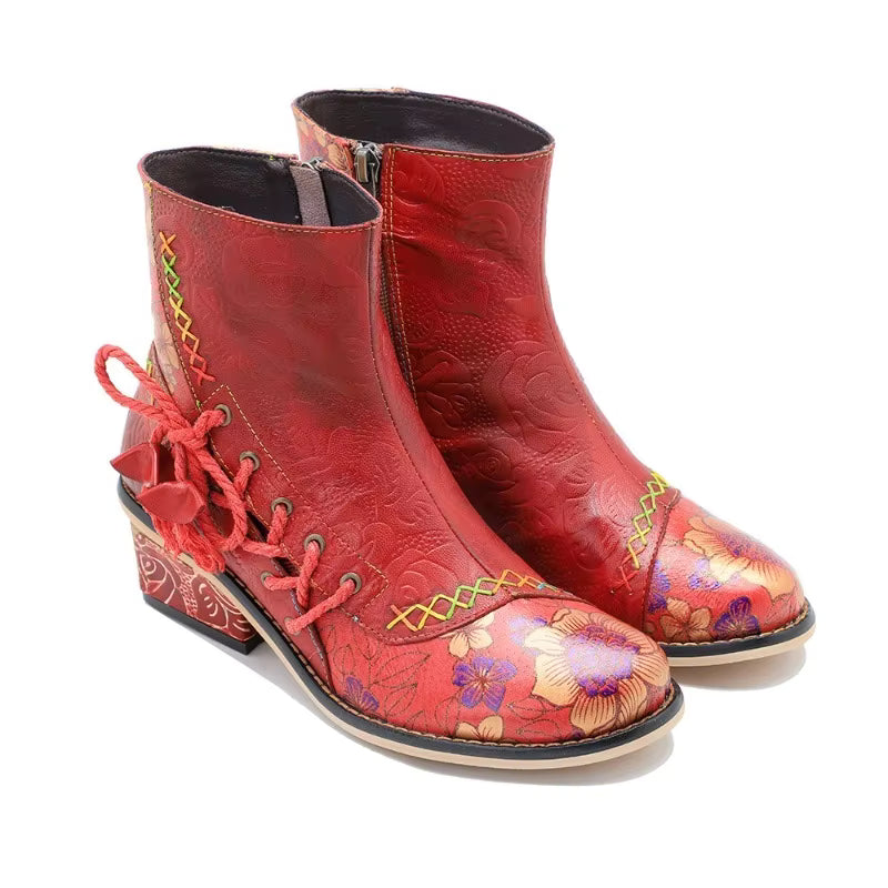 Koznoy Women's Sheepskin Leather Side-Zip Ankle Round Toe Block Heel Cowgirl Boots - CB054