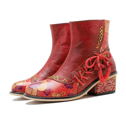 Koznoy Women's Sheepskin Leather Side-Zip Ankle Round Toe Block Heel Cowgirl Boots - CB054