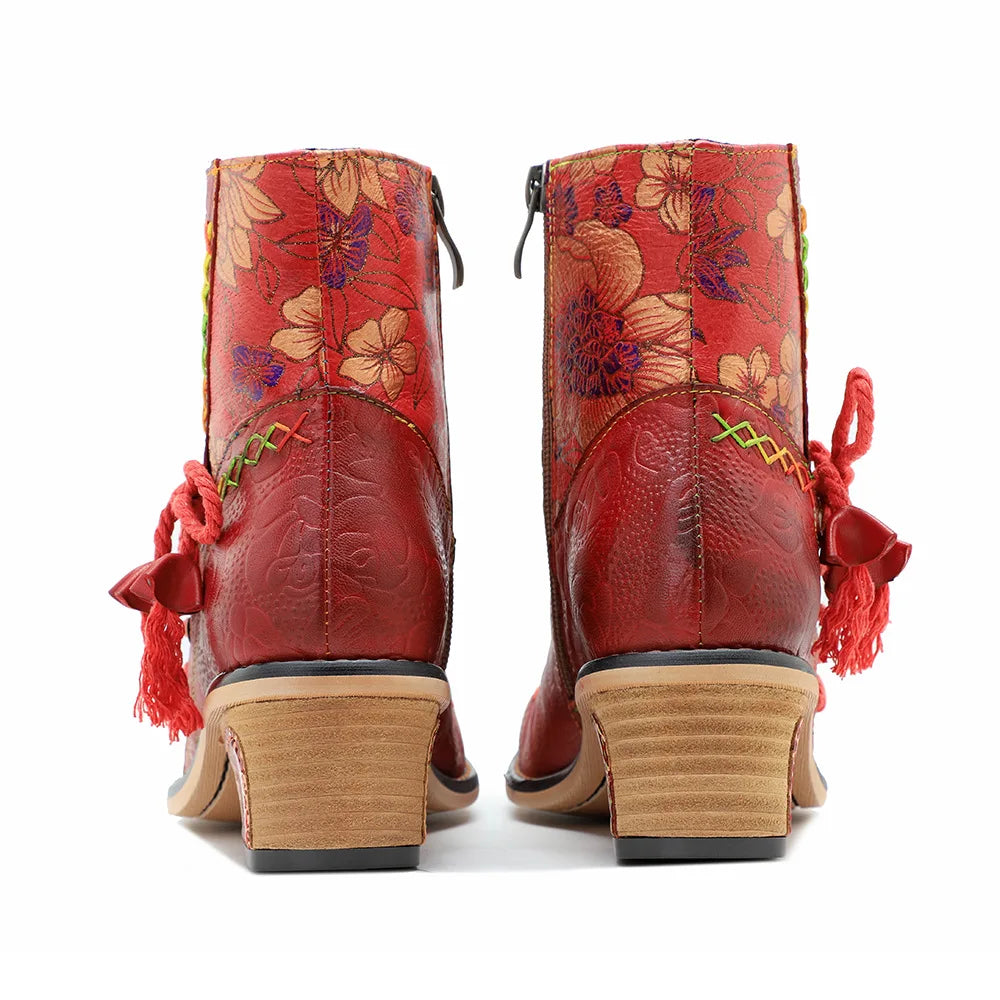 Koznoy Women's Sheepskin Leather Side-Zip Ankle Round Toe Block Heel Cowgirl Boots - CB054