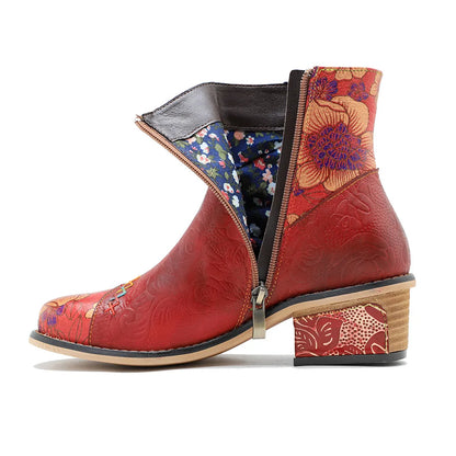 Koznoy Women's Sheepskin Leather Side-Zip Ankle Round Toe Block Heel Cowgirl Boots - CB054