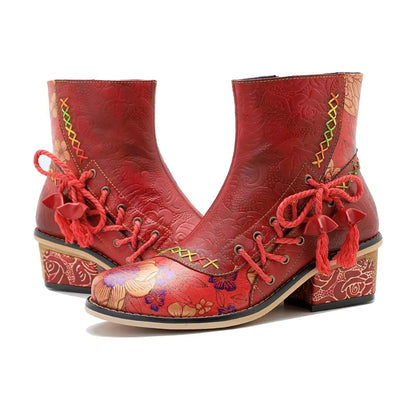 Koznoy Women's Sheepskin Leather Side-Zip Ankle Round Toe Block Heel Cowgirl Boots - CB054