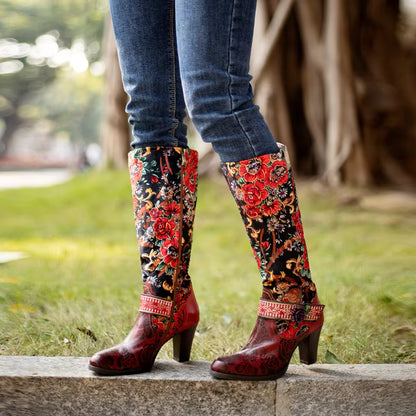 Koznoy Women's Genuine Leather Floral Embroidered Metallic Side-Zip Knee-High Round Toe Block Heel Cowgirl Boots - CB057