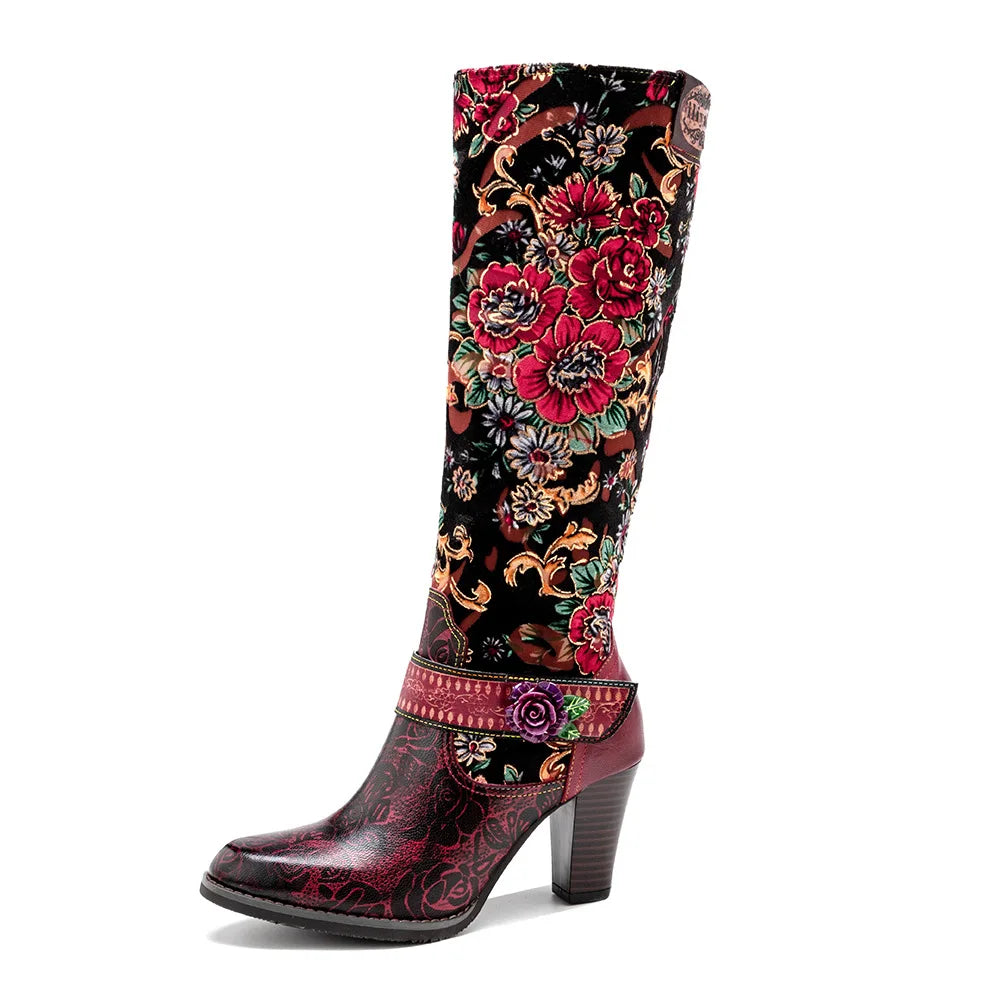 Koznoy Women's Genuine Leather Floral Embroidered Metallic Side-Zip Knee-High Round Toe Block Heel Cowgirl Boots - CB057
