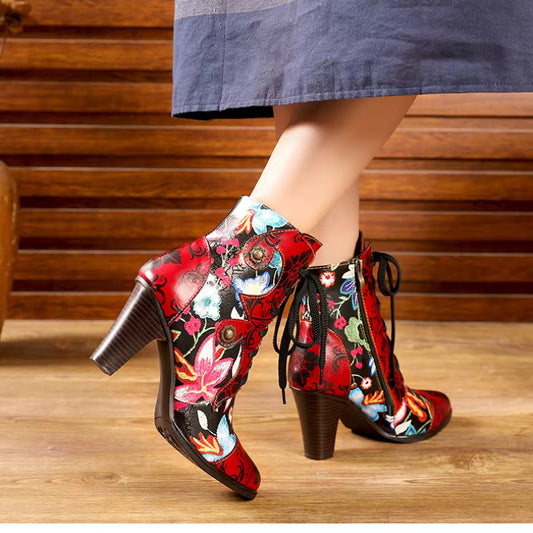 Koznoy 8cm Colorful Genuine Leather PU Fashion Metal Decoration Ethnic Mid Calf Boots Winter Print Zip Warm Women Big Size Shoes - CB055