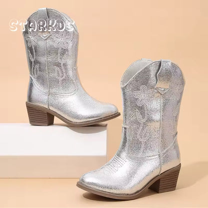 Girls' PU Leather Floral Embroidered Metallic Knee-High Pointed Toe Cowgirl Boots - CB085
