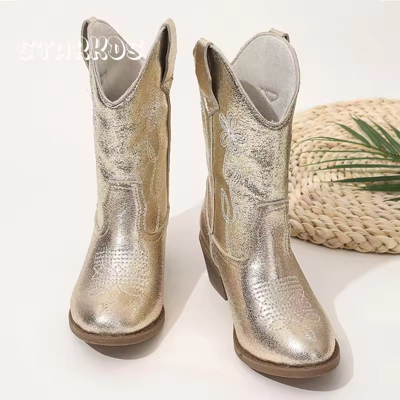 Girls' PU Leather Floral Embroidered Metallic Knee-High Pointed Toe Cowgirl Boots - CB085