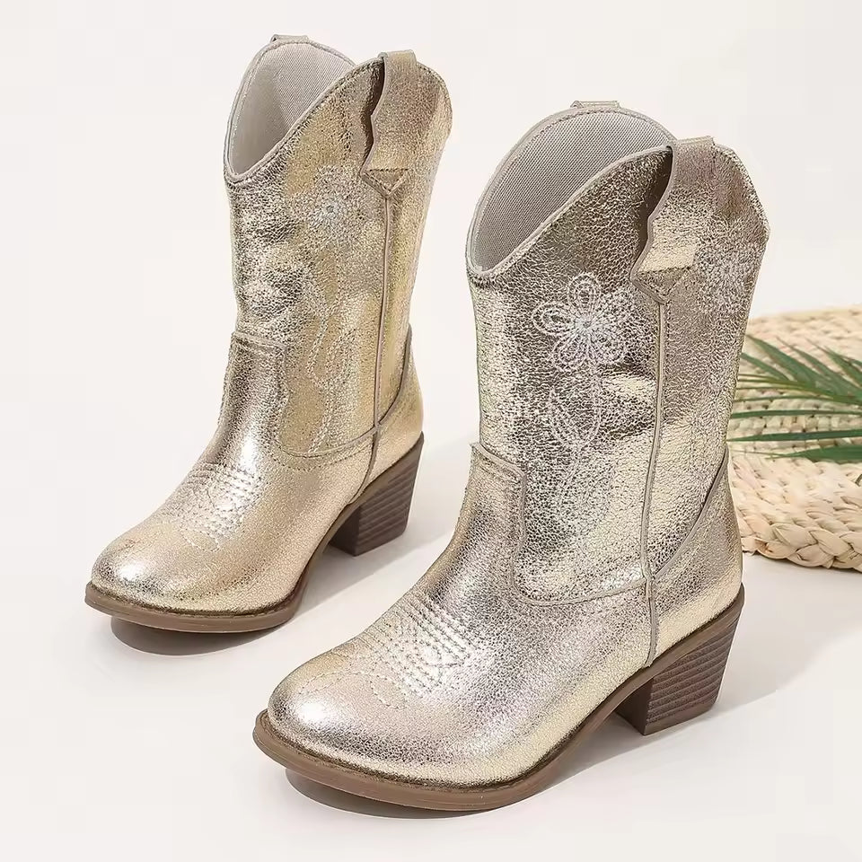 Girls' PU Leather Floral Embroidered Metallic Knee-High Pointed Toe Cowgirl Boots - CB085