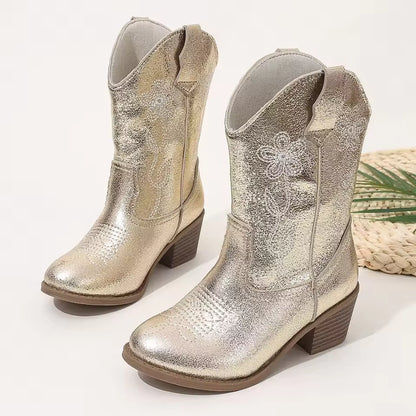 Girls' PU Leather Floral Embroidered Metallic Knee-High Pointed Toe Cowgirl Boots - CB085