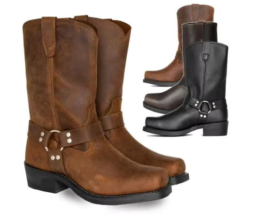 Luxury Retro Cowboy Boots Men Mid Calf Western Boot Men Pu Leather Man Slip On Shoes Winter Knight Boots Booties Plus Size 48 - CB049