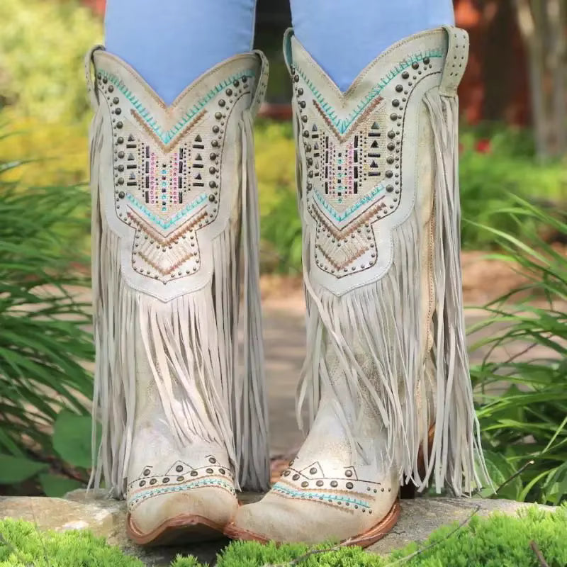 Women's Tassel Studded Mid-Calf Pointed Toe Cowgirl Boots - CB027