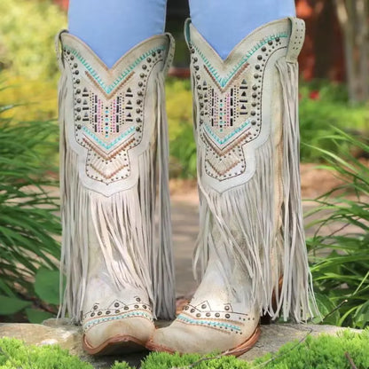 Women's Tassel Studded Mid-Calf Pointed Toe Cowgirl Boots - CB027
