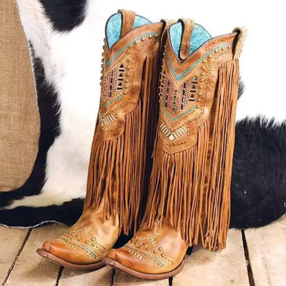 Women's Tassel Studded Mid-Calf Pointed Toe Cowgirl Boots - CB027