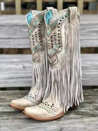 Women's Tassel Studded Mid-Calf Pointed Toe Cowgirl Boots - CB027