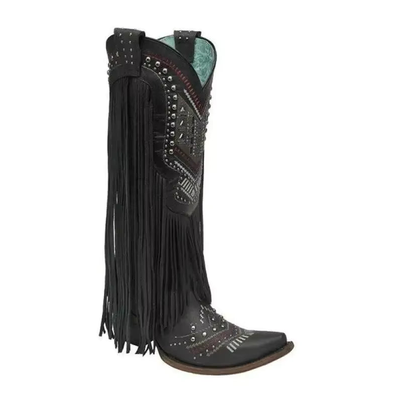 Women's Tassel Studded Mid-Calf Pointed Toe Cowgirl Boots - CB027