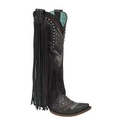 Women's Tassel Studded Mid-Calf Pointed Toe Cowgirl Boots - CB027