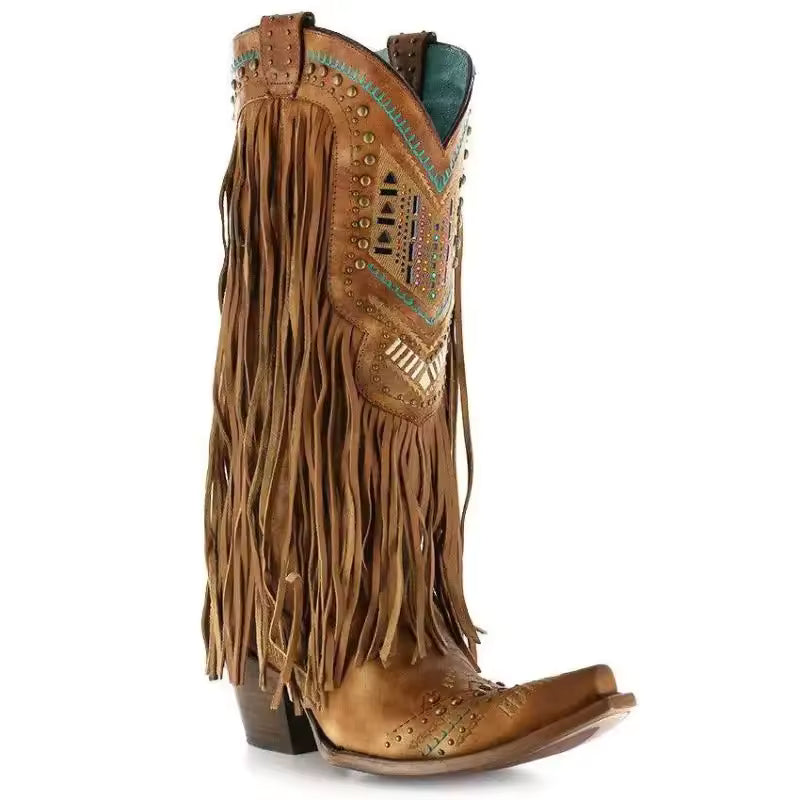 Women's Tassel Studded Mid-Calf Pointed Toe Cowgirl Boots - CB027
