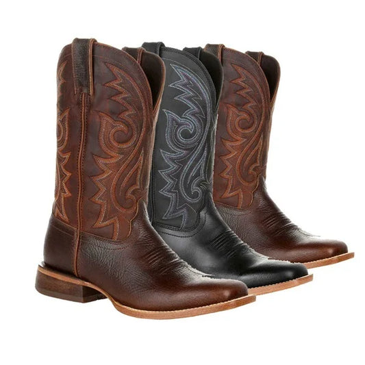 Men Boots Mid Calf Western Cowboy Motorcycle Boots Male Autumn Outdoor PU Leather Totem Med-Calf Boots Retro Designed Men Shoes - CB001